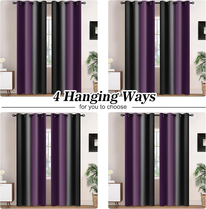 Yakamok Blackout Ombre Purple and Black Curtains for Bedroom, Gradient Room Darkening Curtains, Grommet Thermal Insulated Light Blocking Window Drapes/Curtain for Living Room,52 x 72 Inch,2 Panels