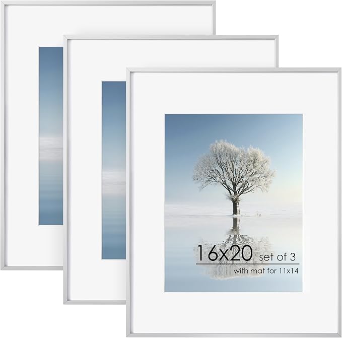 FLYJOE 16x20 Metal Picture Frame For Wall With Mat For 11x14, 16''x20'' Aluminum Photo Frames With Tempered Glass, Minimalist Modern Poster Frame Horizontally Vertically Set of 3, Silver