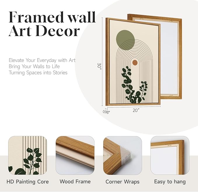 3 Piece Large Framed Abstract Boho Wall Art for Living Room, Minimalist Green Beige Canvas Artwork for Walls, Botanical Sage Green Plant Prints Paintings for Bedroom Dining Room 20x30 Inch