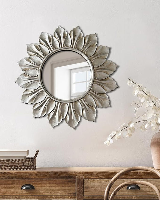 Sunflower Sunburst Wall Mirror, 26" Distressed Silver Wooden Frame, Handcrafted Petal Floral Design, Vintage Farmhouse Style Mirror for Wall Decor for Living Room, Bedroom, Bathroom, Vanity