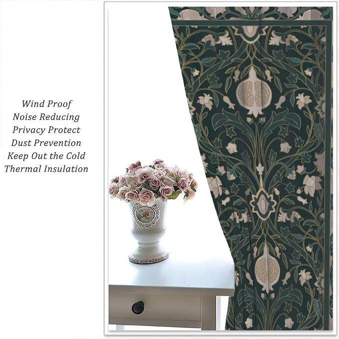 William Morris Floral Blackout Curtains, Vintage Plant Art Flower Green Leaves Boho Window Drapes, for Living Room Bedroom 55" W X 63" L