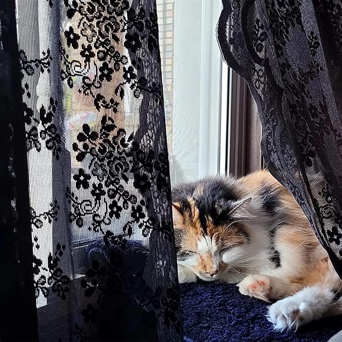 YJ YANJUN Vintage Lace Curtains 54 inch Length Victorian Floral Pattern Goth Halloween Short Black Sheer Curtain Panels for Bathroom Kitchen Window Coffin/Witchy/Gothic Home Decor W52 x L54 Inch