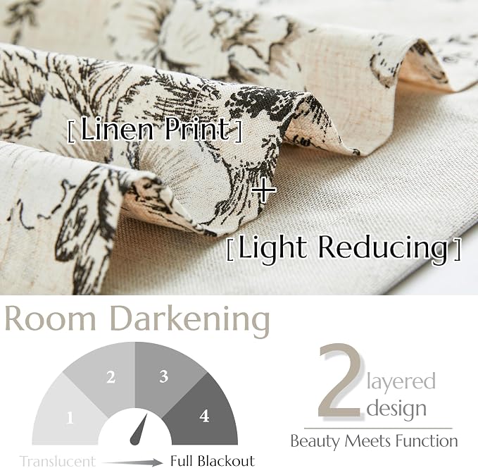 jinchan Linen Valance Curtain Farmhouse Black Floral Small Window Curtain Double Layer Light Filtering Fall Valance for Kitchen Rustic Biege for Living Room Bedroom 18 Inch Rod Pocket One Panel
