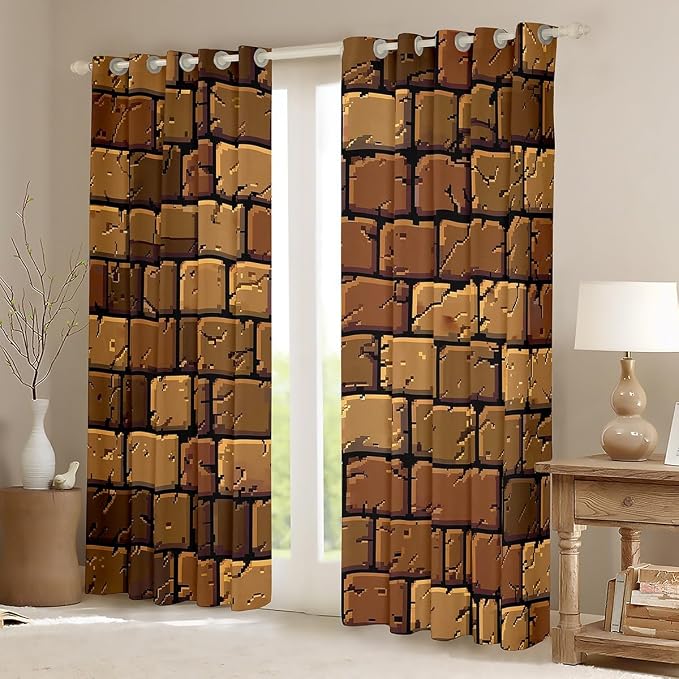 Castle Fairy Miner Square Window Curtains,Pixelated Theme Privacy Blackout Curtain for Window Video Games Shade Windows Covering for Bedroom Brown Pixel Style Drapes 2 Panels,52Wx90L