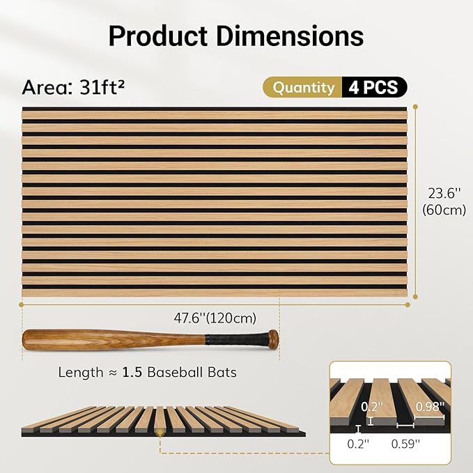 TONOR Wood Slatwall Panels, 4 Pack 47.2" x 23.6"/ 120 x60cm(31ft²) Acoustic Wall Panels, Wood Slat Acoustic Panels for Noise Cancelling and Wall Décor Living Room, Bedroom, Home Decor, Office, Teak