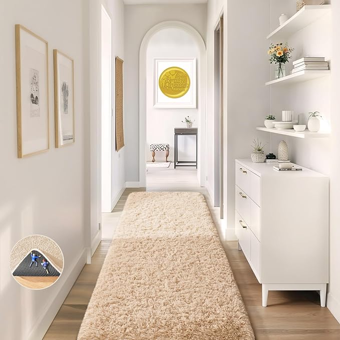 Ophanie 2x8 Runner Rug for Hallway,Upgrade Non-Slip Fluffy Soft Bedside Rugs,Bedroom Living Room Beige Shaggy Carpet for Kids Girls Boys Dorm Nursery Home Decor Aesthetic with Over 99 pcs Pile fibers