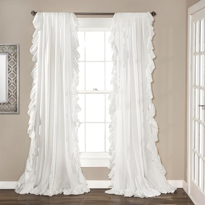 Lush Decor Reyna Ruffle Window Curtain Panel Set, Pair, 54" W x 95" L, White - Flowy Curtain Set - Romantic Ruffle Curtains for Bedroom, Living room, or Dining Room - Farmhouse & Cottage Home Decor
