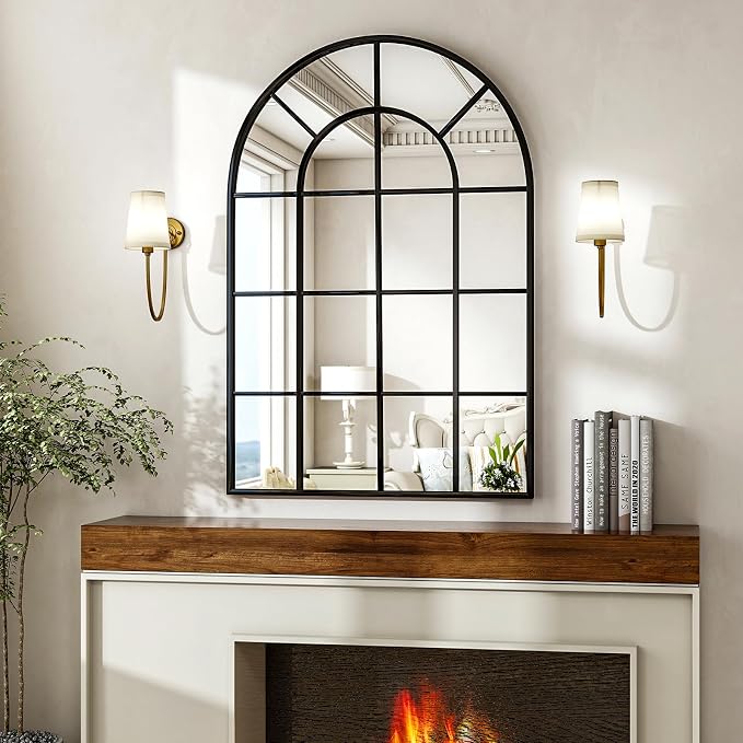 30"×40" Windowpane Arched Wall Mirror, Grid-Designed Decorative Farmhouse Wall Mounted Mirror with Metal Frame Hanging Leaning for Entryway, Living Room, Home Decor, Black