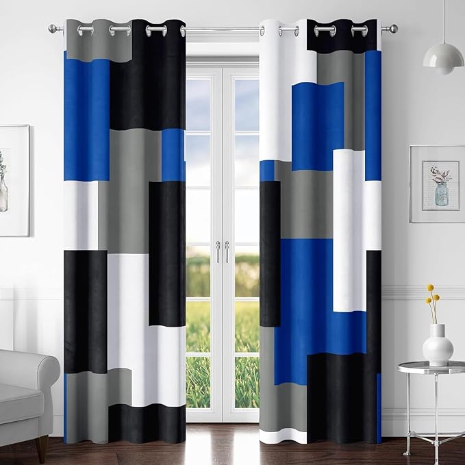 Tyrot Royal Blue 100% Blackout Curtains for Bedroom 108 inch Extra Long 2 Panels Set Navy Blue Grey Modern Abstract Geometric Black Out Curtains Room Darkening Window Drapes for Living Room, 52Wx108L
