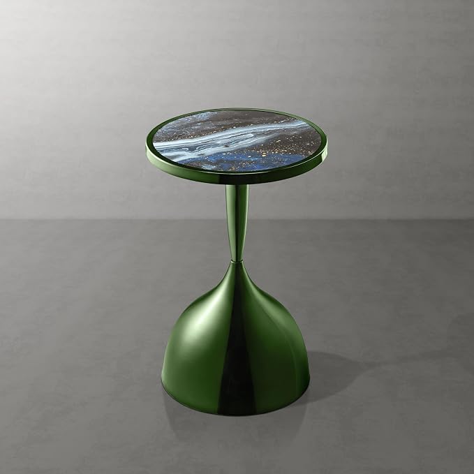 Homes: Inside + Out Halric Modern 24" Tall Round End Table with Decorated Tabletop and Iron Metal Base, Accent Furniture, Elegant Pedestal Stand for Living Room, Home Office, Chrome Green
