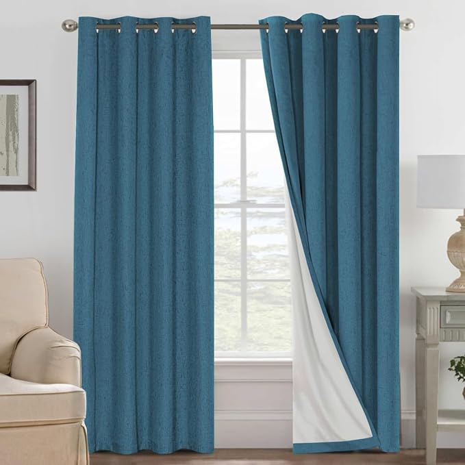H.VERSAILTEX Linen Curtains 100% Blackout Curtains for Bedroom 102 inch Long Full Light Blocking Nature Linen Blended Window Curtains for Living Room Nickel Grommet (2 Panels, Blue Sapphire)
