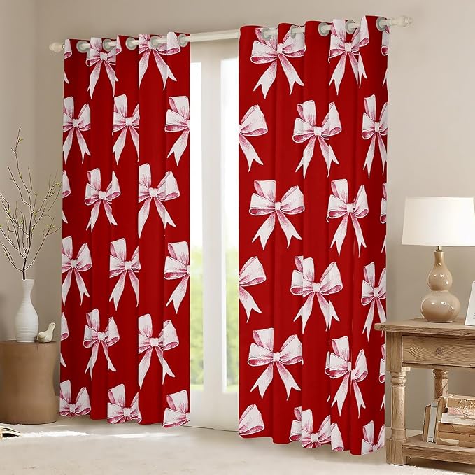 Erosebridal Pink Bow Kids Curtain Watercolor Lovely Girls Bows Window Curtain 42" Wx63 L Cute Bowknot Window Treatments Kawaii Bow Tie Red 30%-50% Blackout Curtains for Bedroom