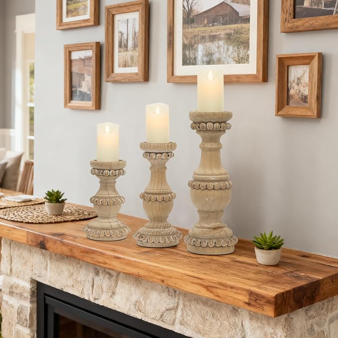 Farmhouse Wooden Candle Holders for Pillar Candles, Set of 3 Vintage Wooden Beaded Candle Holder, Tall Candle Stand Decorative for Living Room, Table Centerpiece (Natural)