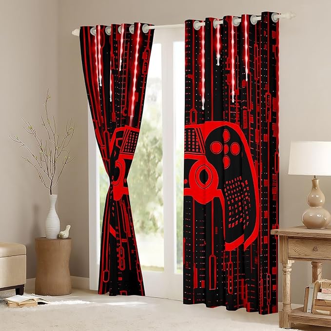 Feelyou Kids Boys Red Gamer Window Curtains Light 3D Gaming Darkening Drapes Gamer Blackout Curtains for Gamepad Window Treatments Modern Game (2 Panels, 52 x 63 Inch)