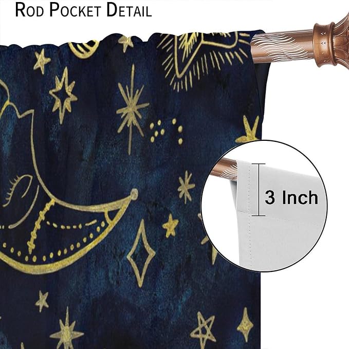 Boho Sun Moon Blackout Window Curtains, Bohemia Theme Sun Moon Stars Print Pattern Rod Pocket Window Drapes, for Living Room Bedroom 55x63in 2 Panels