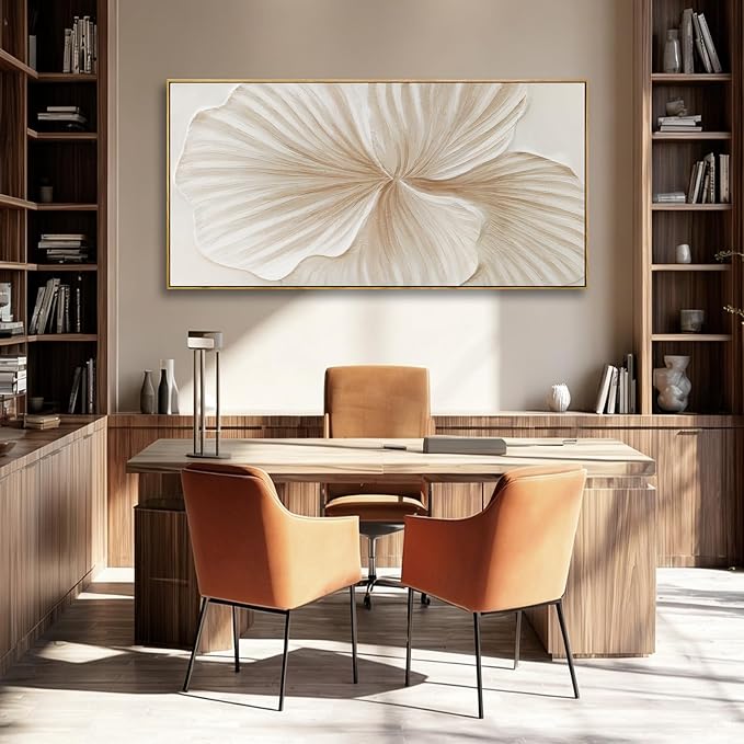 Framed White Floral Wall Art Hand Painted Textured Canvas Wall Art Modern Minimalist Abstract Flower Artwork for Living Room Bedroom Office 24x48 Inch