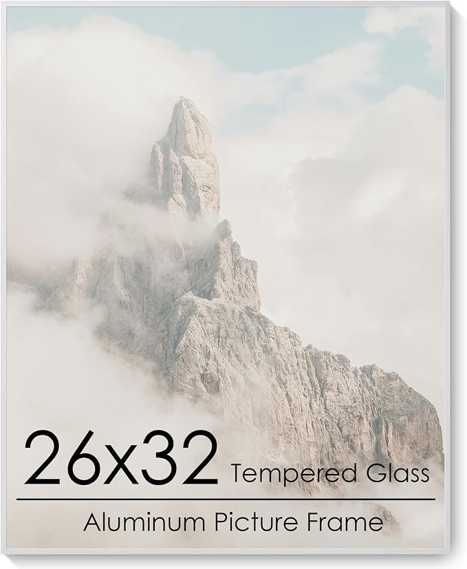 26x32 Metal Picture Frame, Aluminum Poster Frame with Real Glass, Silver | Sleek Silver 32x26 Frame with Tempered Glass for Wall Display, Posters, Art & Photos | Wall Kit Included
