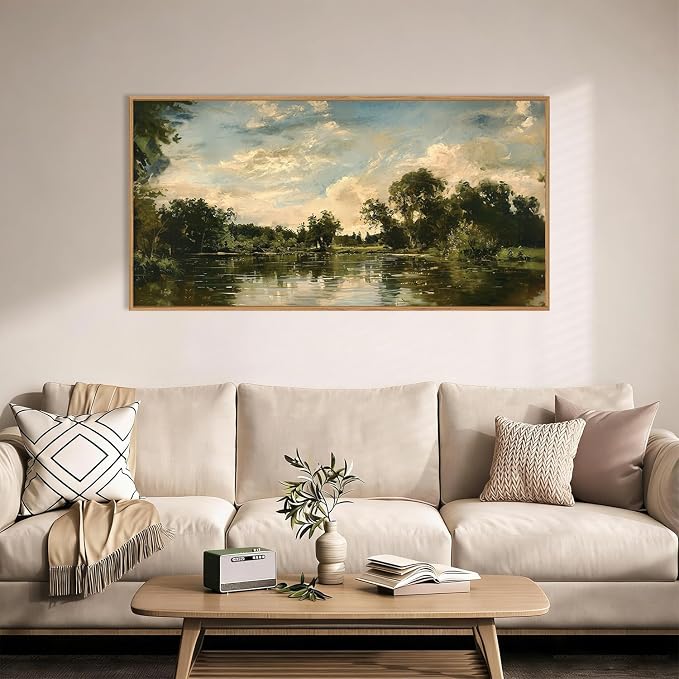 Vintage Landscape Framed Canvas Wall Art Set,Rustic Natural Green Trees and Lake Wall Decor,Classic Nature Scenic French Country Forest Artwork for Living Room,Bedroom,Farmhouse-40 x20 x1