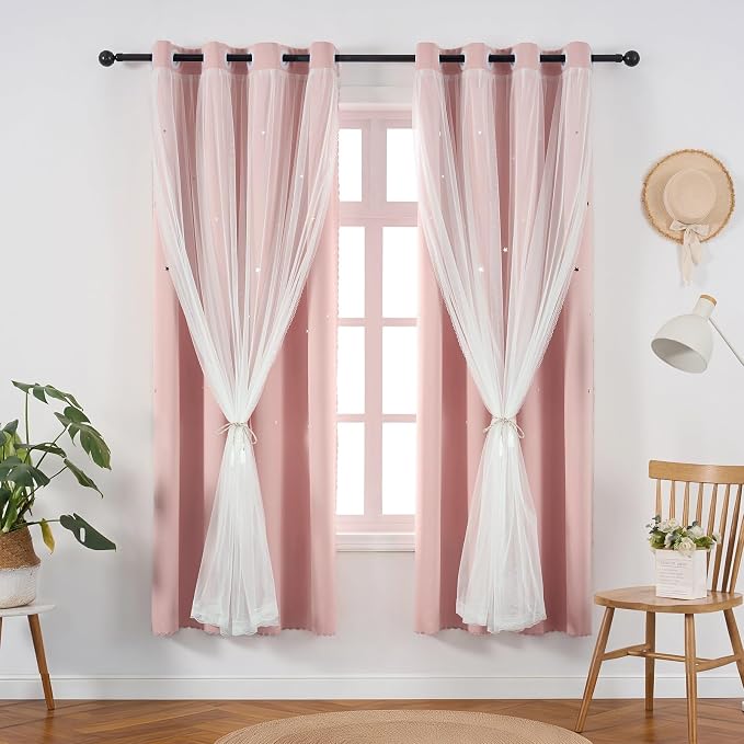 Light Pink Blackout Curtain for Girls Room 72 Inches Long Cute Star Cutout | Nursery Double Layer Curtains & Drapes Tulle Lace Sheer Single Panel Thermal Insulate Bedroom Window Treatments Cortina Blush