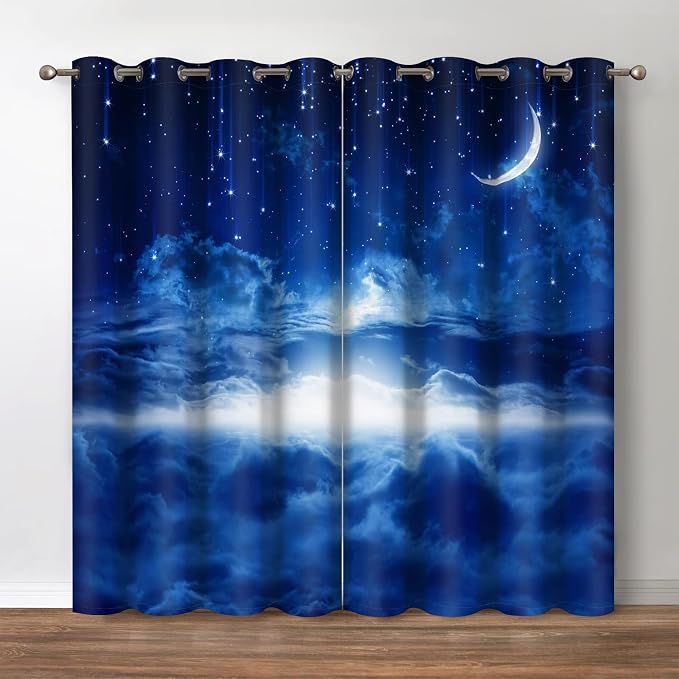 Jekeno Star Night Sky Blackout Curtains Moon and Foggy Clouds Landscape Theme Print Decor Home Apartment Bedroom Living Room Darkening Grommet Window Drapes 2 Panel Set, Blue 42"x54"