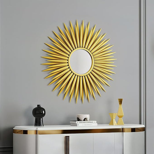 Gold Sunburst Mirror,30" Large Starburst Mirror with Metal Frame,Sun Wall Decor Mirrors for Living Room,Bedroom,Hallway,Dining Room