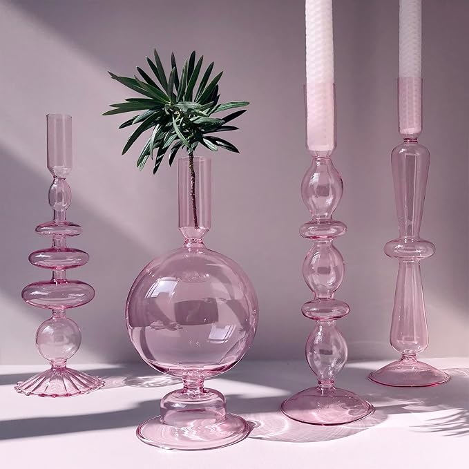 Candle Stick Candle Holder, Glass Candle Holders for Table Centerpiece, Modern Style Pink Candle Holder Mixed 4pcs
