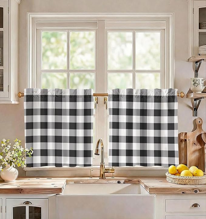 Miss Adola Farmhouse Kitchen Tier Curtains - 24 Inch Length Linen Blend Cafe Curtains Plaid Checkered Small Window Treatments Over Sink Rod Pocket for Bathroom Living Room Light Filtering, 2 Panels