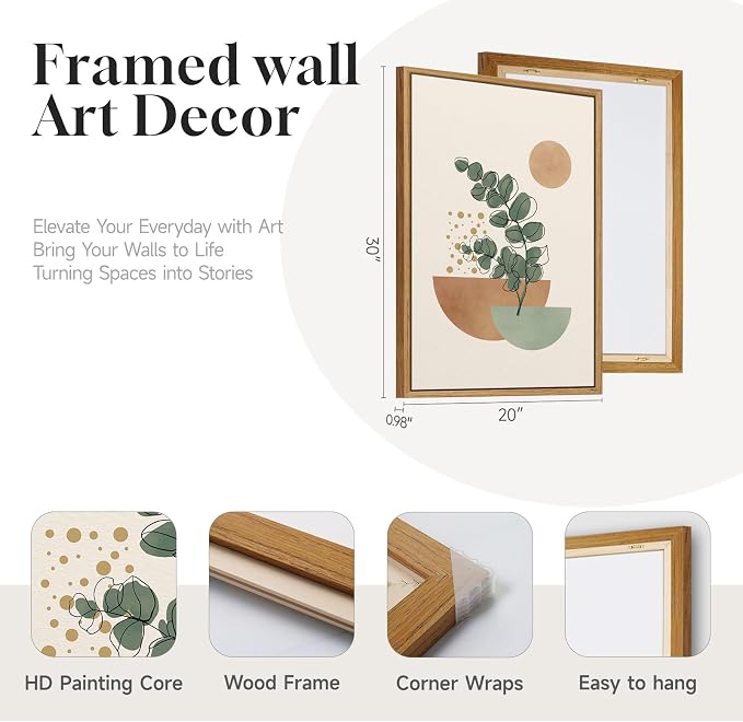 Large Framed Abstract Boho Wall Art for Living Room, 3 Piece Botanical Sage Green Plant Canvas Artwork for Walls, Minimalist Neutral Geometric Line Prints Paintings for Dining Room Hallway 20x30 Inch