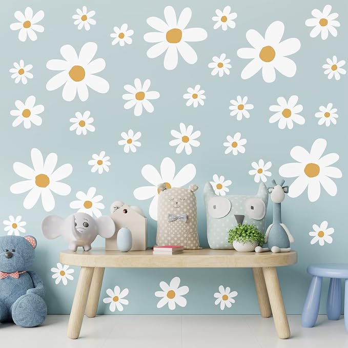 TaoBary 12 Sheet Daisy Wall Sticker Decal Removable Cute Daisy Bedroom Room Decor Flower Wall Sticker Pink White Flower Decal Wallpaper Peel and Stick for Nursery Home(White, Yellow,Cute Style)