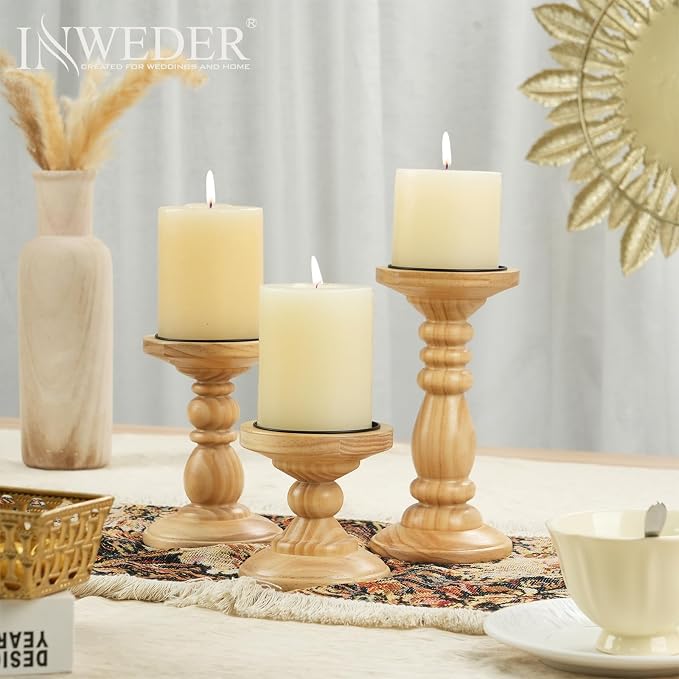 Wood Pillar Candle Holder: Rustic Wooden Candle Stand Farmhouse Fall Decor Distressed Brown Centerpieces for Tables Mantel Dining Living Room Christmas Set of 3