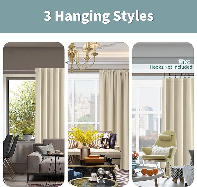 BGment Beige Full Blackout Curtains with Thermal Insulation Liner Curtains 90 Inches Long, Rod Pocket and Back Tab Double Layer Room Darkening Window Curtain for Bedroom(52 x 90 Inch, 2 Panels, Beige)