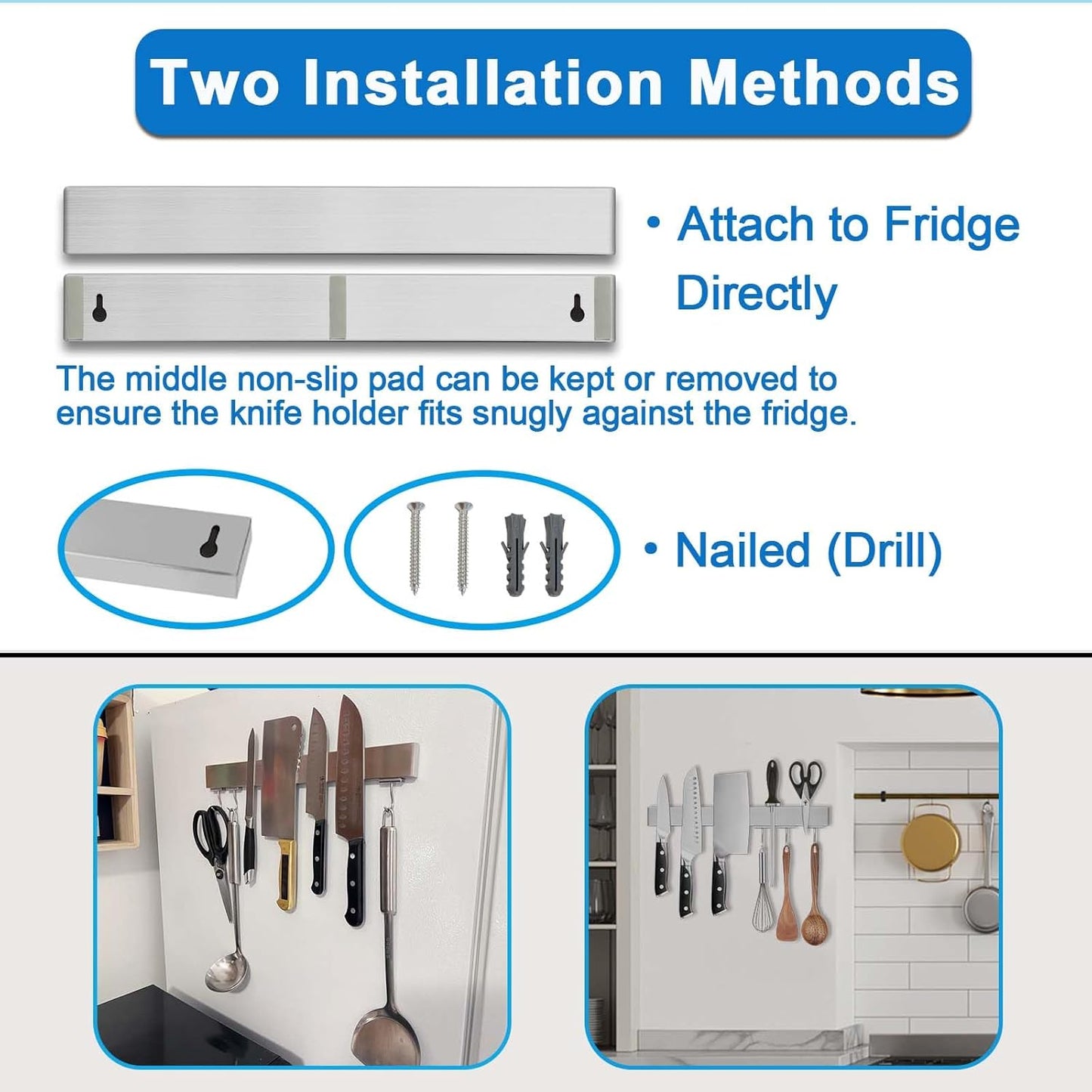 16 Inch Magnetic Knife Holder for Refrigerator - Knife Magnetic Strip for Fridge with Magnetic Hooks - Double Sided Magnetic Knife Bar - Stainless Steel Kitchen Magnetic Knife Hanger Rack