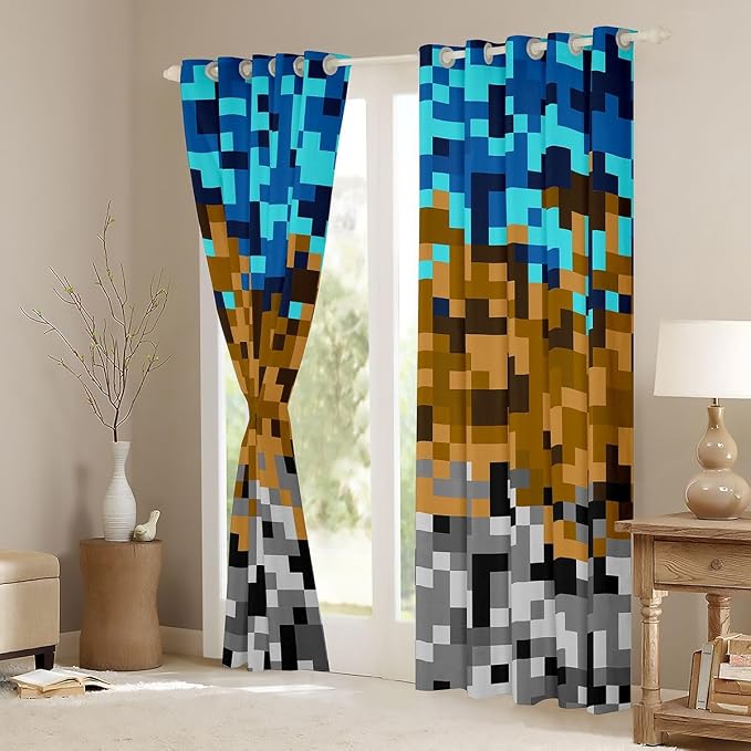 Pixelated Miners Gaming Window Curtain,Blue Brown Grey Grid Blackout Window Treatment ,Teens Woman Men Construct Video Games Bedroom Curtains Geometric Block Living Room Decor Top 2 Panels,52Wx90L