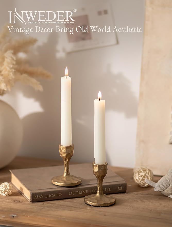 Antique Brass Candlestick Holders: Cast Iron Taper Candle Holder Handcrafted Gold Vintage Candle Sticks Holder Rustic Fall Decor for Dinning Table Mantel Home Party Set of 2