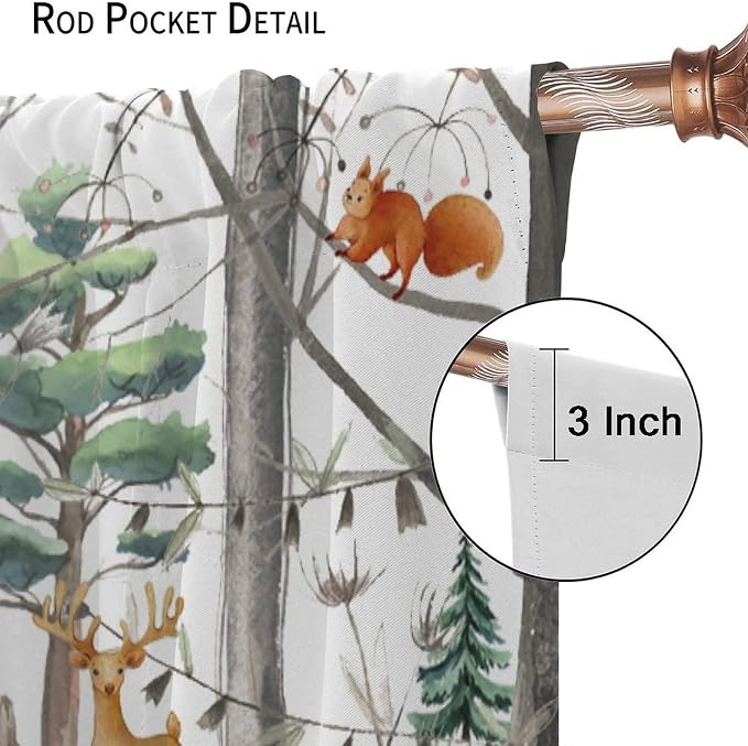 YCness Kid Forest Woodland Animal Fox Elk Bear Watercolor Print Curtains for Nursery Bedroom Living Room, Rustic Wild Animal Window Drapes 2 Panel Set, 42x63 Inch
