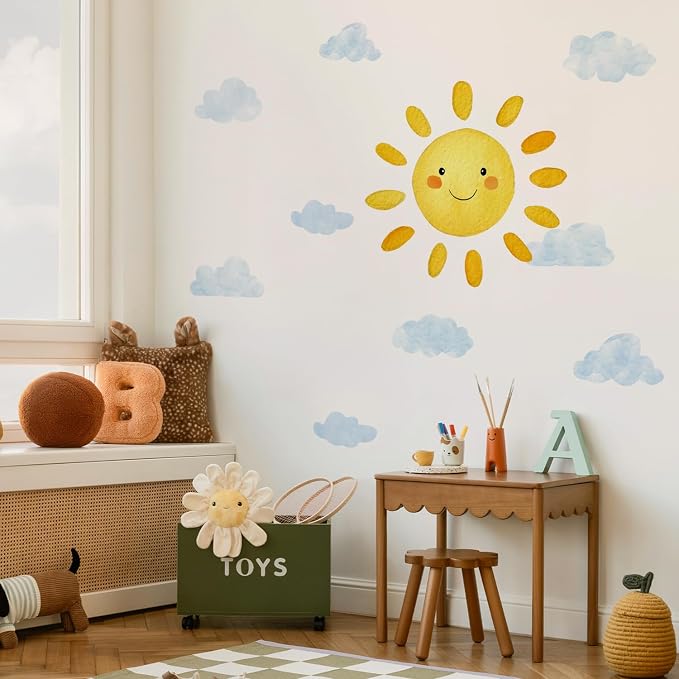 Large Sunshine Nursery Decor, Smile Sun and Cloud Wall Decal for Playroom, Classroom and Party, Watercolor Dreamy Drift