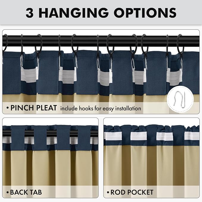 MIULEE 100% Blackout Linen Curtains for Bedroom, Midnight Blue Solid Luxury Decor Thermal Insulation Room Darkening Drapes for Living Room Back Tab Rod Pocket 42 x 90 Inches, 2 Panels