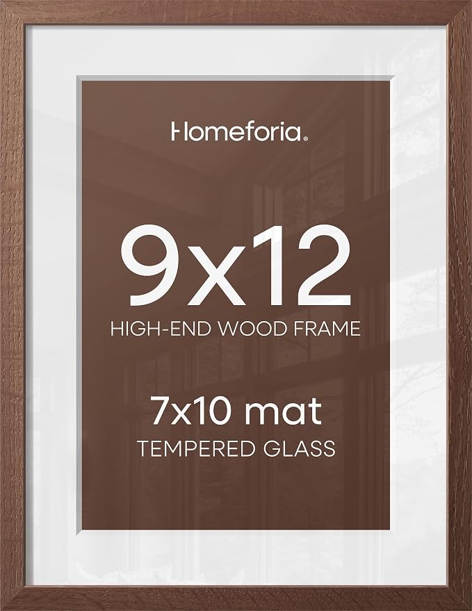 Homeforia 9x12 Picture Frame Brown, High End Dark Oak 9 x 12 Walnut Wooden Frames with Mat 7 by 10 Photo, 12x9 Wood Frame Matted to 7x10 Art, Wall or Tabletop Frame, Tempered Glass, Wall Kit, Set of 1