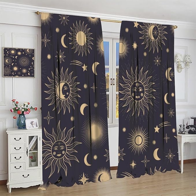 Sun Moon Blackout Curtains, Hand Drawn Sun Moon Stars Magic Space Galaxy Window Treatment Drapes for Bedroom Living Room 72" W X 63" L