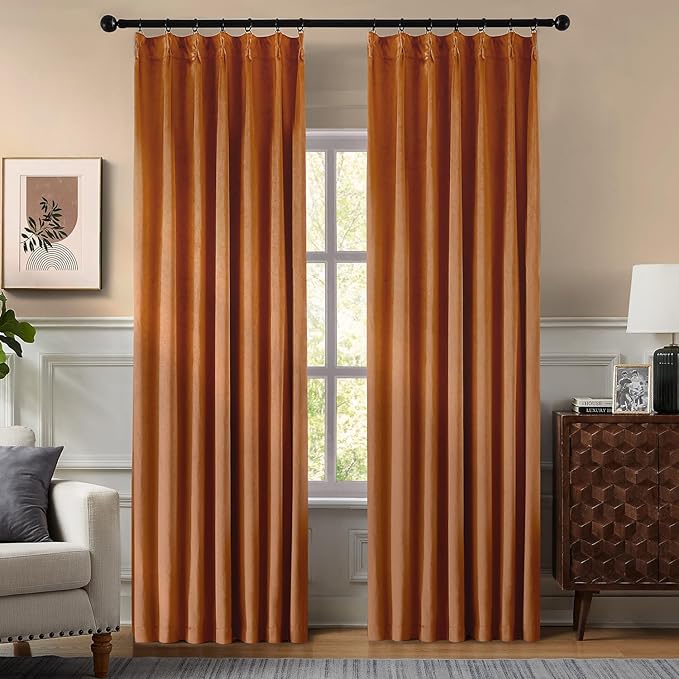 Pinch Pleated Blackout Curtains for Bedroom, Yellow Velvet Curtains for Living Room, Black Out Curtain 96 inch Long Room Darkening, Blackout Pinch Pleatd Drapes with Hooks 2 Panels