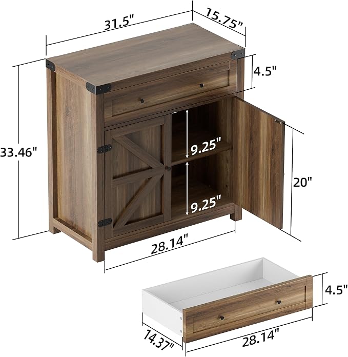 YESHOMY Farmhouse Coffee Bar Cabinet Sideboards, with Barn Doors, Spacious Drawer, Adjustable Interior Shelf, Generous Top Surface, for Kitchen, Bathroom, Entryway, Living Room, Rustic Brown