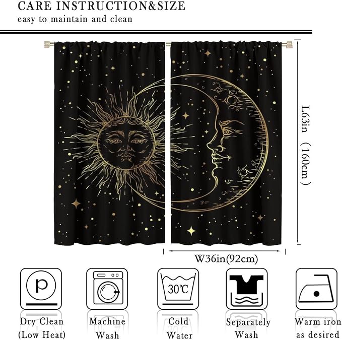 Gold Sun and Moon Blackout Windows Curtains, Fantasy Mandala Bohemian Universe Galaxy Printed Curtains, for Living Room Bedroom 72x63in 2 Panels