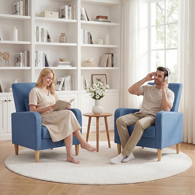 COLAMY Mid-Century Modern Accent Chairs Set of 2, Fabric Upholstered Living Room Chairs with Back Pillow & Solid Wood Legs, Comfy Armchair for Living Room, Bedroom, Single Sofa, Blue
