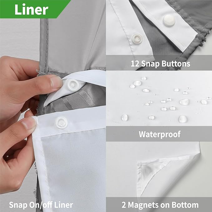 eachope stall no Hook Tufted Shower Curtain with snap in Liner Set, White Waterproof Fabric Inner Liner,Boho Style Shower Curtain with See Through top Window, WarmGrey, 54Wx80H