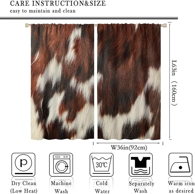 Cow Blackout Curtain,Animal Print Brown Cowhide Western Rustic Farm Farmhouse Window Treatments Rod Pocket Curtain for Bedroom Living Room Kitchen Decor Drapes 72x63in