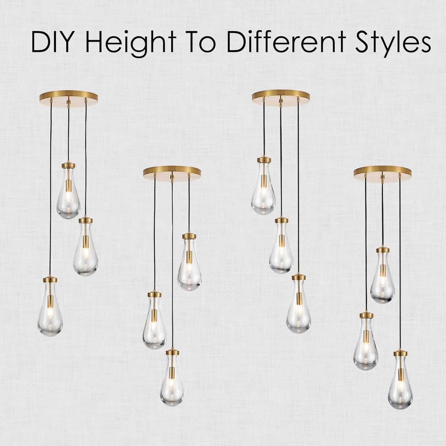 3-Light Raindrop Pendant Light Fixtures, Brass Glass Pendant Lighting, Teardrops Modern Hanging Light for Entryway Foyer Kitchen Island Dining Living Room Hallway