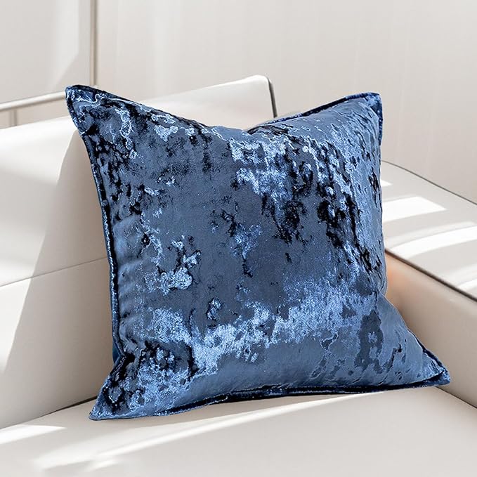 Velvet Pillow Cover Blue 18x18 Inch - Luxury Crushed Velvet Decorative Throw Pillow Case for Living Room Sofa Bed (1 Pack)