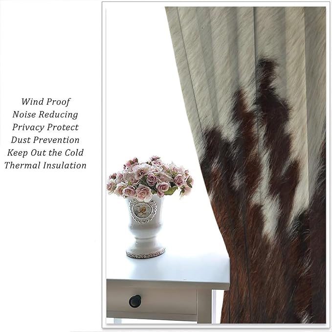 Cowhide Blackout Curtain, Rustic Western Cow Fur Skin Print Brown White Animal Print Curtains Rod Pocket Window Treatments 2 Panels Drapes for Kitchen Bedroom Living Room Offiec Decor 63"W X 72"L