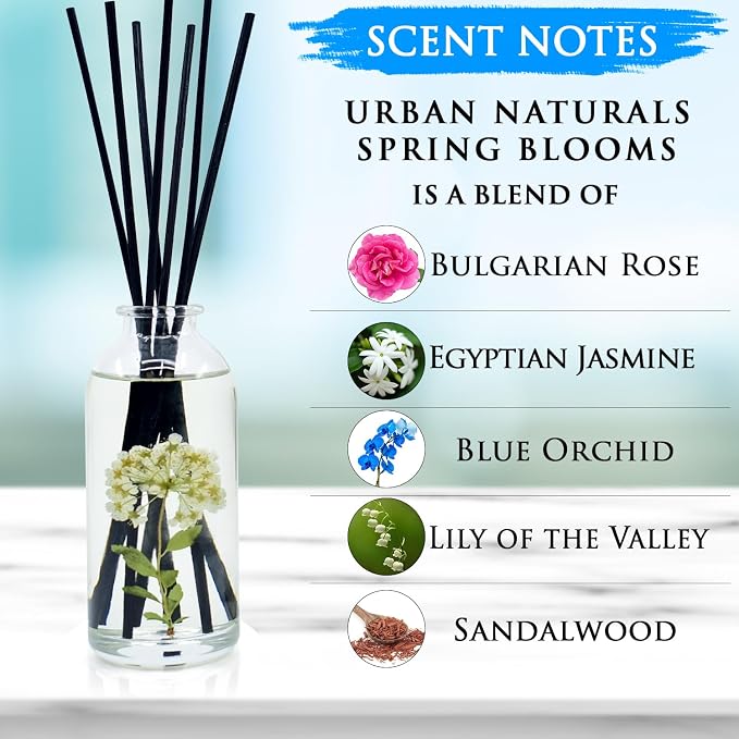 Urban Naturals Reed Diffuser Set, Spring Blooms - Bathroom Shelf Décor | Real Flowers in the Bottle Bulgarian Rose, Egyptian Jasmine, Blue Orchid, Lily of the Valley, Amber