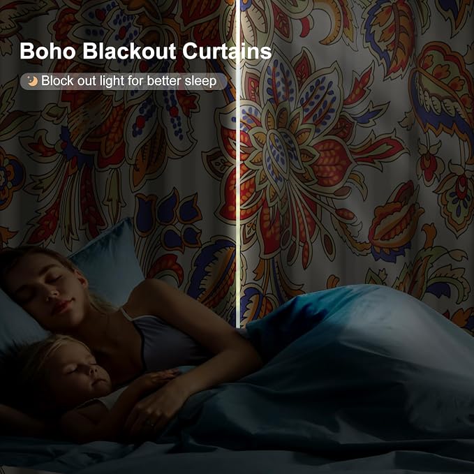 Boho Blackout Curtains for Bedroom and Living Room, Bohemian Floral Black Out Curtains 84 Inch Long, Light Filtering Soundproof Bedroom Curtains 2 Panel Sets, Room Darkening Curtains with Tiebacks